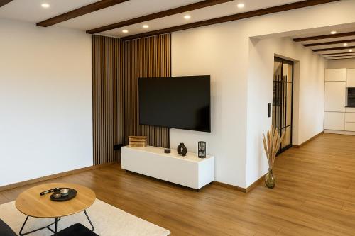 ein Wohnzimmer mit einem Flachbildfernseher an der Wand in der Unterkunft Alpentraum: Luxuswohnung mit atemberaubendem Blick in Buchenberg