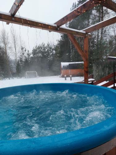 Borowy LasBorowy Las wita Was的雪覆盖的庭院内的按摩浴缸