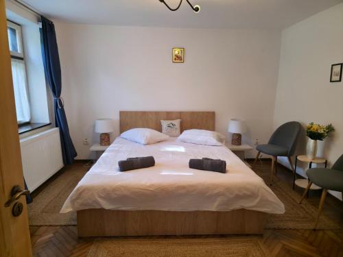 Un dormitorio con una cama con dos almohadas encima. en Simonette Maisonette - Mountain Retreat, en Buşteni