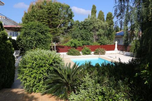 a swimming pool in a yard with trees and a fence at Villa Serenity in Neo Chorio