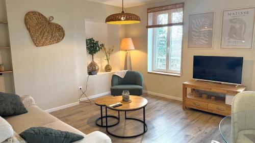 a living room with a couch and a tv at Le Gingko in Montmerle Sur Saône