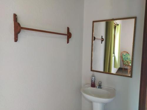 a bathroom with a sink and a mirror at São João da Colina Ranch ItamonteMG in Itamonte