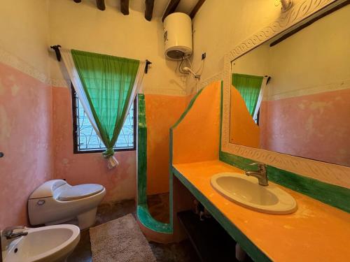 un bagno con lavandino, WC e specchio di Charming Cottage in Watamu a Watamu