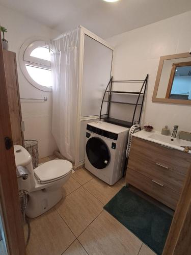 a bathroom with a toilet a sink and a washing machine at Apartamento ELIDE in Costa Del Silencio