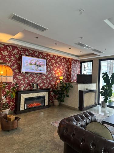 伊斯坦布尔Liberi Hotel Taksim的带沙发和壁炉的客厅