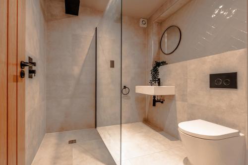 a bathroom with a shower and a toilet and a sink at Cosy serviced flat in Westbury on Trym in Bristol