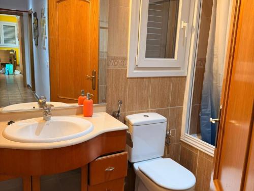 a bathroom with a sink and a toilet and a mirror at Una casa ideal para familias o grupos de amigos in Caldes de Malavella