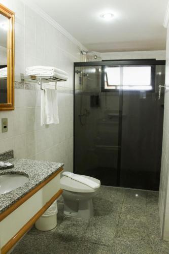 a bathroom with a shower and a toilet and a sink at Rovi Plaza Hotel in Serra Negra