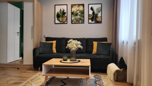 Studio - Apartamenty Parkowe في غنيزنو: غرفة معيشة مع أريكة سوداء وطاولة