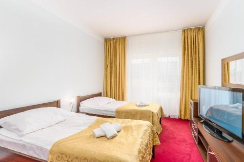 Centrum Rehabilitacyjno - Wczasowe Amber في كولوبرزيغ: غرفة فندقية بسريرين وتلفزيون بشاشة مسطحة