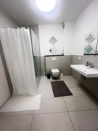 a bathroom with a shower and a toilet and a sink at Emmas Apartments in Duisburg