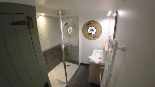 Loft industriel - Cambrai hyper centre ville في كامبراي: حمام مع دش ومغسلة