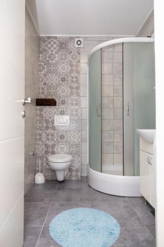 a bathroom with a toilet and a sink and a mirror at AVA Apartment Istočno Sarajevo in Lukavica