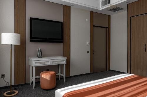 阿拉木图Mountain View Residence Hotel的一间酒店房间，墙上有一张床和一台电视