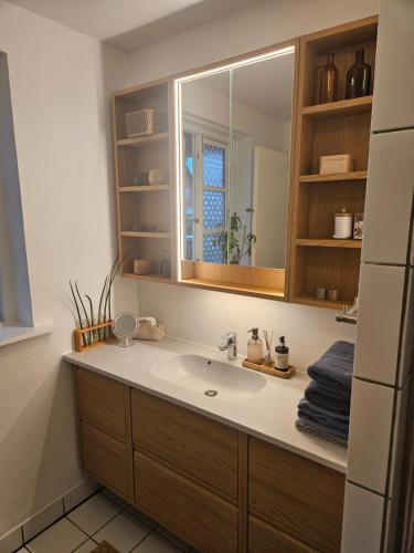 a bathroom with a sink and a mirror at Lejlighed B med dejlig privat gårdhave på Thurø Kæledyr er IKKE gratis og skal tilføjes in Svendborg