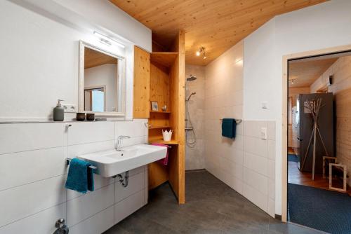 een badkamer met een wastafel en een douche bij Ferienwohnung Do-Mizil in Dornstetten