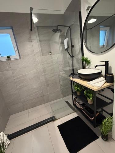 a bathroom with a shower and a sink at Malina Residence Aparthotel in Cisnădie