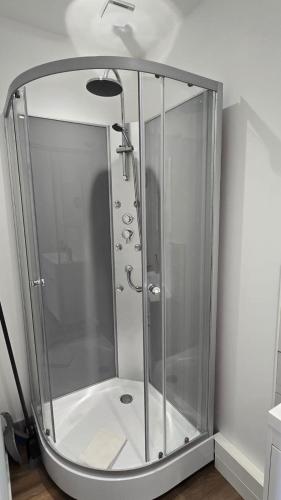 a shower with a glass door in a bathroom at Le Comte de Saxe - Calme à Blois centre in Blois