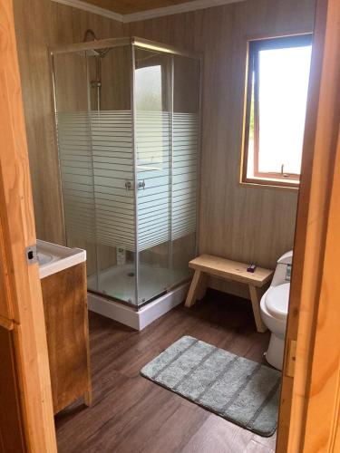 a bathroom with a glass shower and a toilet at Cabaña Vista Bosque in Catillo