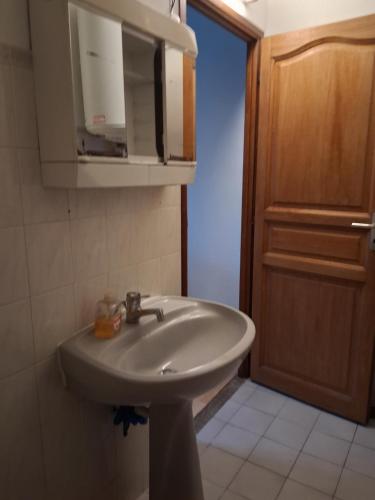 a bathroom with a white sink and a wooden door at appartement une chambre Champigny-sur-Marne in Nogent-sur-Marne