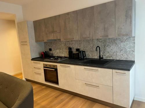 a kitchen with a sink and a stove top oven at Black Swan Apartment in Peschiera del Garda