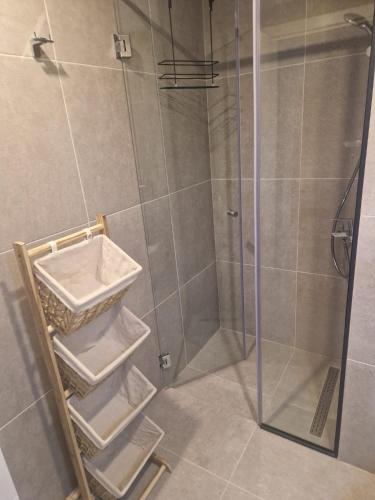 a shower with a glass door in a bathroom at CoveDream Studio Cove Garden Sun Valley Esentepe in Aglantzia