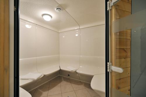 een kleine badkamer met een douche en een toilet bij Les Hauts de Valmeinier in Valmeinier