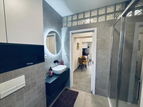 a bathroom with a sink and a glass shower at Apartmány Atrium in Litoměřice