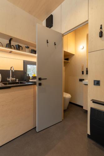 a white door in a kitchen with a sink at УЛІС Кебіни in Dudky