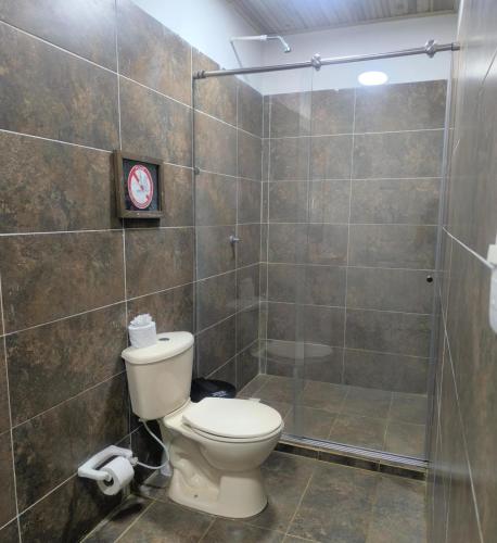 a bathroom with a toilet and a shower at Hostal Hilltop Palomino in Palomino