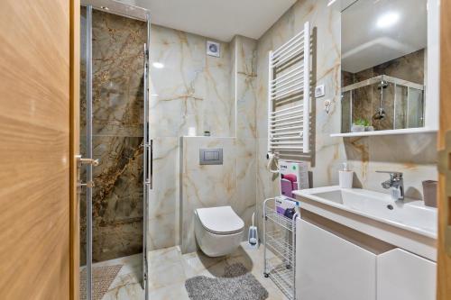 a bathroom with a shower and a toilet and a sink at Lux apartman 40 in Zlatibor