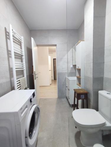 a bathroom with a washing machine and a toilet at River park CB in Reghin
