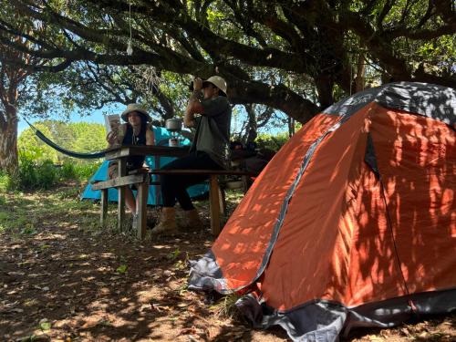 Dos personas sentadas en una mesa de picnic junto a una tienda de campaña. en Muelle del Tiempo Camping, en Quilán