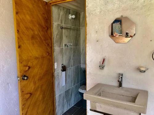 a bathroom with a sink and a shower at Cabaña de descanso en Tlazala in Cedro