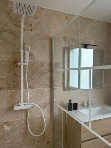 a bathroom with a shower with a sink and a mirror at Le Prestige - T2 Neuf et Equipé in Évreux