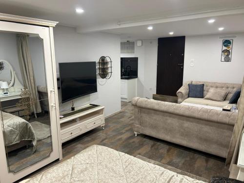 Una sala de estar con un sofá y un televisor de pantalla plana. en Appartement, en Oberschaeffolsheim