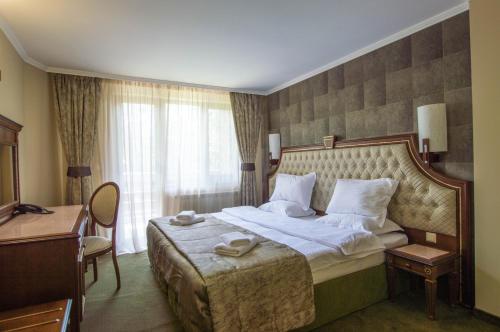 a hotel room with a bed and a window at Hotel Edelweiss in Shipka