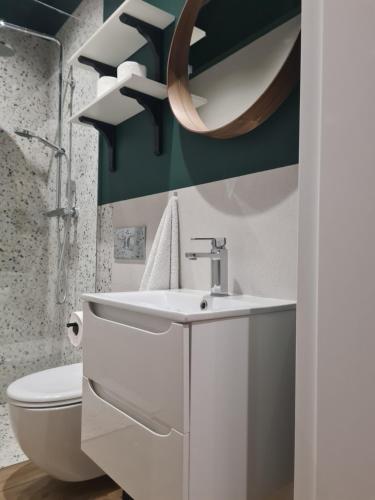 ein Badezimmer mit Waschbecken, Toilette und Spiegel in der Unterkunft Piernikowy Strumyk in Toruń