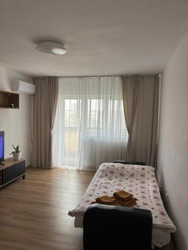 a bedroom with a bed and a large window at Urban apartament in Craiova