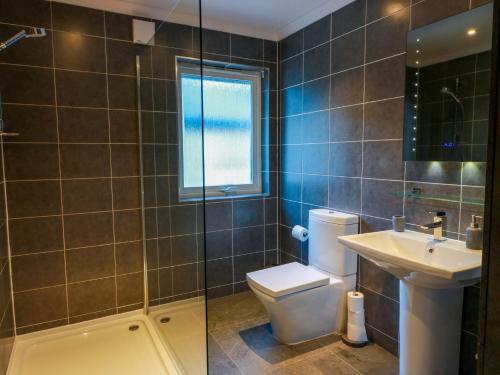 a bathroom with a toilet and a sink and a shower at Cramar Cottage in Glasgow