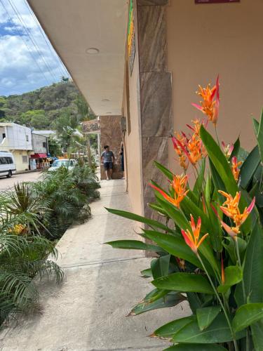 a person walking down a sidewalk next to a building with flowers at Bungalows villas belen in Cedro
