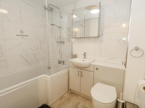 a bathroom with a toilet and a shower and a sink at Betty's Buoy in Weymouth