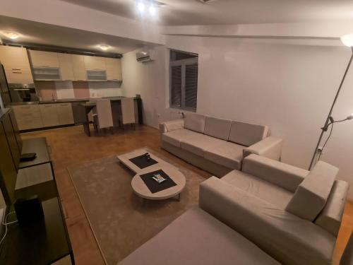 尼什Apartman Luka的客厅里有一张沙发和一张桌子。