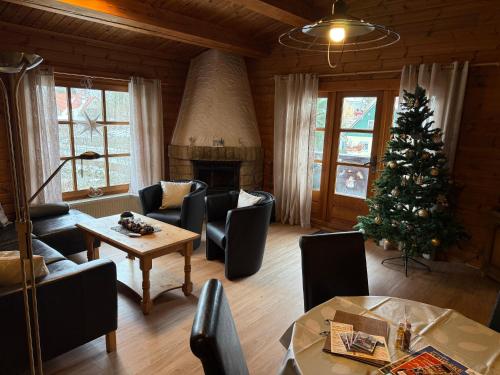 a living room with a christmas tree in the corner at Ferienwohnungen Forellengrund Schierke in Schierke