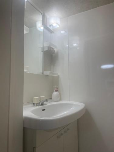 a white bathroom with a sink and a mirror at Aila apartment in Tokyo