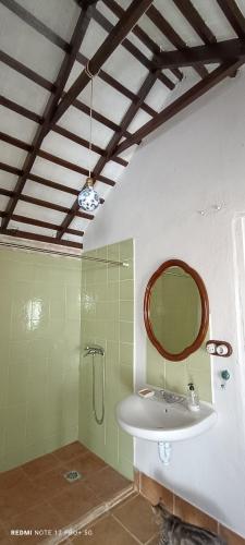 a bathroom with a sink and a mirror at El Cortijillo de la Marquesa in Villar