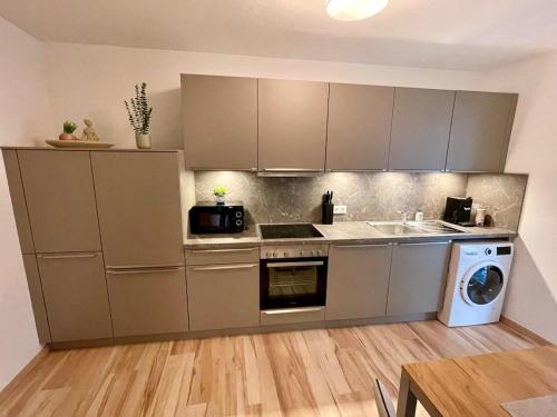 a kitchen with gray cabinets and a sink and a dishwasher at Lichtblick in Goldbach