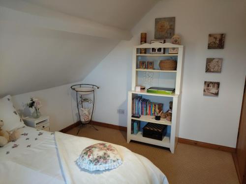 a bedroom with a bed and a book shelf at Carnowen Cottage in Ringsend