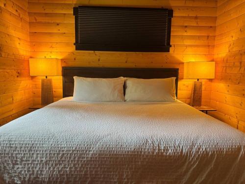 a bedroom with a bed with two lamps on it at Explorer Creekside Cabin - Private Hot Tub in Golden