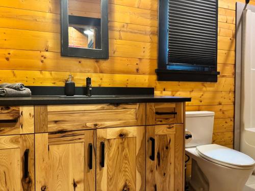 a bathroom with a sink and a toilet at Explorer Creekside Cabin - Private Hot Tub in Golden